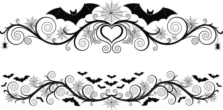 Halloween decorative borders with bats spider webs and ornamental swirls gothic spooky frame illustration set