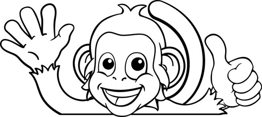 A monkey cartoon character animal peeking over a sign waving and giving a thumbs up © Christos Georghiou