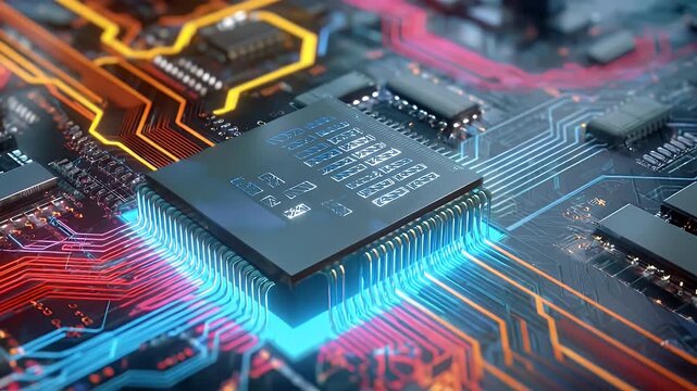 Abstract close up animation of a computer processor on a circuit board with electrons flowing, showing an advanced digital technology with complex electronic pathways.