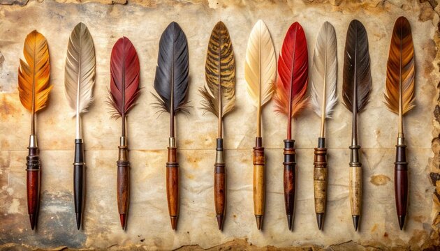 A Row of Vintage Feather Quill Pens with Ornate Wooden and Metal Holders on a Textured Parchment Surface