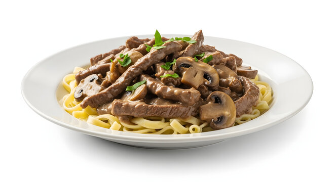 Classic Russian beef stroganoff with creamy mushroom sauce and pasta, perfectly isolated on a pure white background