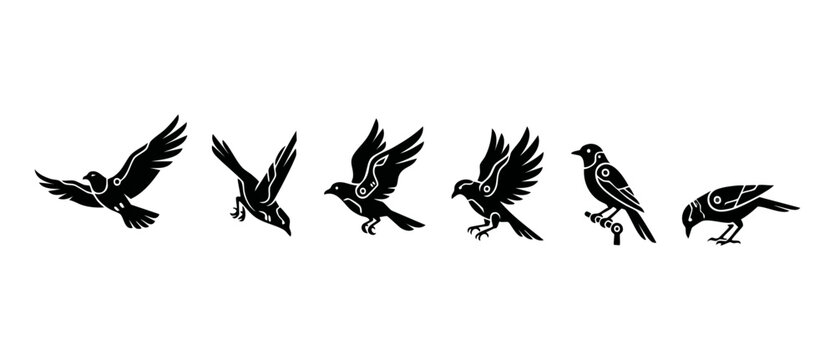 Mechanical Bird Silhouette Set, Robotic Crow Flying and Perching Icons. Vector collection of stylized cybernetic avian creatures in various poses, isolated on white background for modern technology de