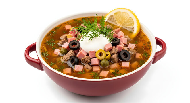 Authentic Russian solyanka soup with mixed meats, olives, and lemon, beautifully isolated on a pure white background