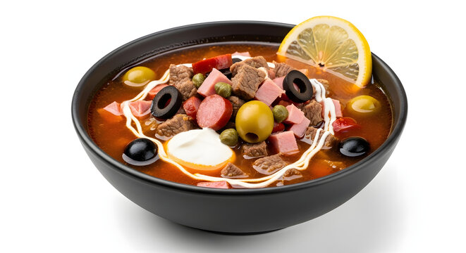 Authentic Russian solyanka soup with mixed meats, olives, and lemon, beautifully isolated on a pure white background