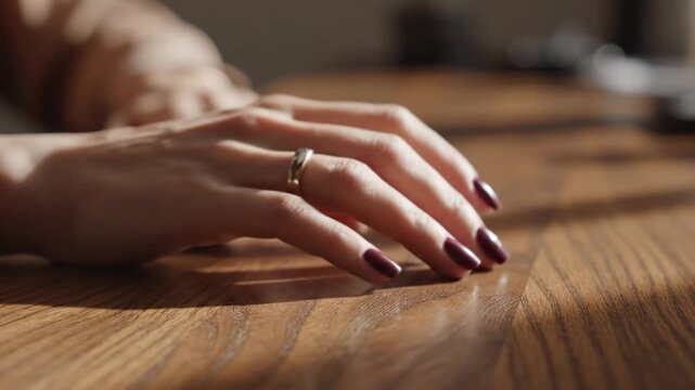 Womans Hand Tapping Fingers on Wooden Table