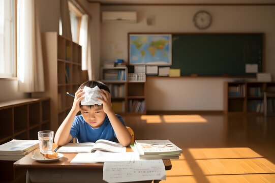宿題が終わらず頭を抱えて悩む男の子の学習ストレスと子供の困りごとイメージ（AI生成）