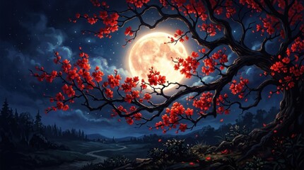 Fototapeta premium Beautiful Night Scene with Full Moon Behind Flowering Tree