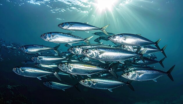 A Shimmering School of Sardines Swimming in Sunlight-Dappled Ocean Depths