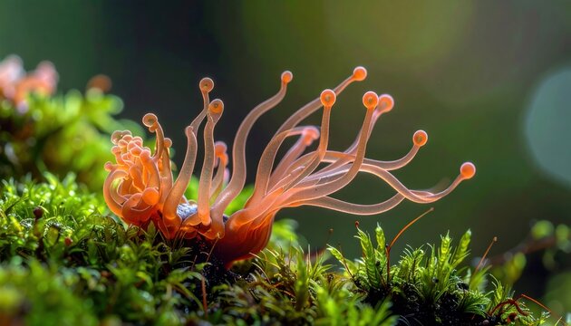 Vibrant coral anemone with flowing tentacles extending over mossy underwater terrain