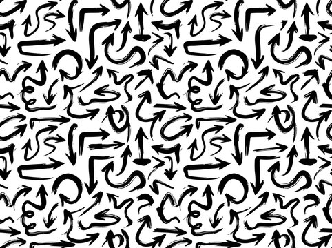 Seamless Pattern of Hand Drawn Brush Stroke Arrows Black Ink Doodle Arrow Signs on White Background Grunge Sketch Directional Elements for Design Vector Art Illustration