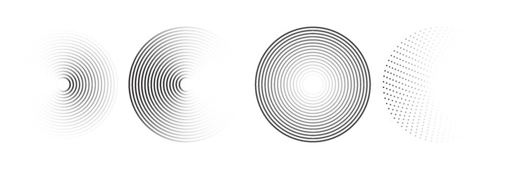 Fototapeta premium Black concentric circle set. Sonar or sound wave ring collection. Dotted and linear epicentre, target, radar icon concept. Ripple radial signal or vibration elements. Vector line and halftone symbols