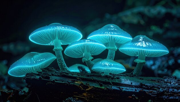 Enchanted Bioluminescent Mushrooms Glow in a Magical Forest Setting