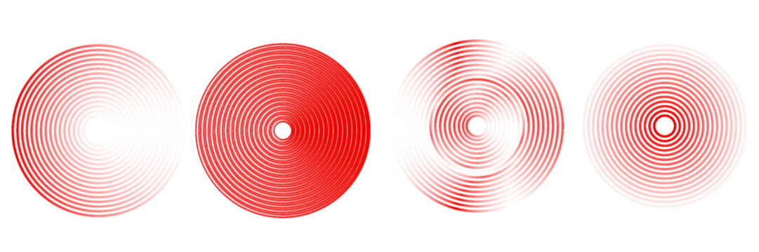 Red concentric ripple circles set. Sonar or sound wave rings collection. Epicentre, target, radar icon concept. Radial signal or vibration elements. Halftone vector illustration