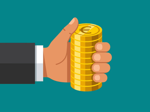 Businessman Hand Holding Stack of Golden Euro Coins for Financial Success and Investment Concept