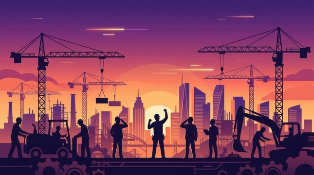 Industrial City Skyline at Sunset with Construction Worker Silhouettes