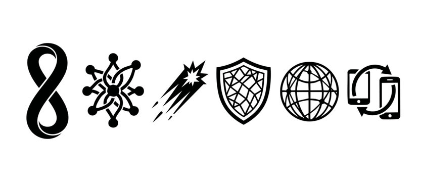 Technology Icons Set Infinity Shield Global Network Mobile Data Transfer Innovation Concept. Minimalist black vector symbols representing connectivity, security, digital transformation, and cosmic ene