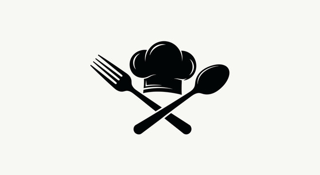 Set of black food and kitchen icons in a clean flat style, including chef hat, cutlery, coffee cup, cupcake, wine glass, fish, carrot, pizza slice, frying pan, and apple. Isolated on white background,