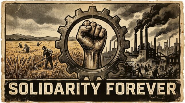 Vintage Solidarity Forever Poster with Raised Fist and Gears