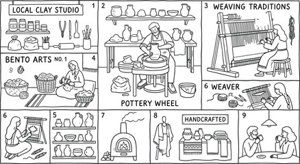Obraz premium A collection of hand-drawn illustrations depicting various pottery and weaving activities with people and objects.
