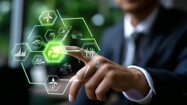Green investment virtual screen, environmental concepts illustration, faceless professional touching eco icons, defocused sustainable workspace, ESG framework, renewable energy