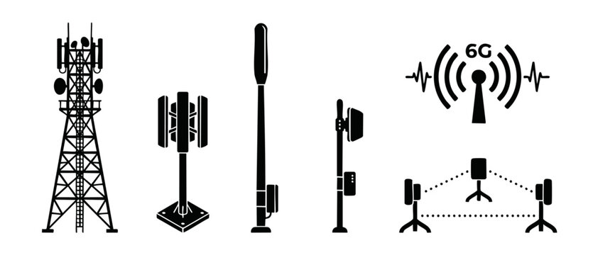 Telecommunication Tower and 6G Network Icons Set, Wireless Infrastructure Antennas and Cellular Signal Transmission Equipment, Digital Connectivity Technology Vector Collection for Communication Syste