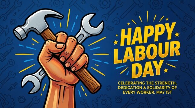 International Workers Day Illustration with Strong Fist and Tools