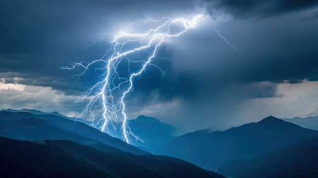 Jagged blue lightning dissecting a stormy bruised sky over mountain peaks