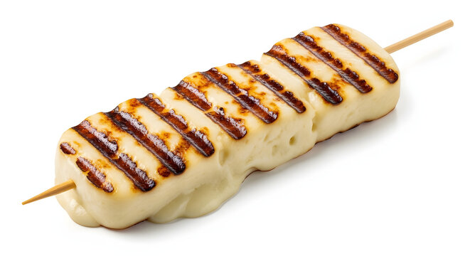 Skewer of grilled Brazilian queijo coalho cheese with grill marks isolated on a white background