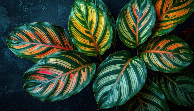 Exquisite Calathea Plant Foliage with Vibrant Green Yellow and Red Leaf Patterns Detailed Close-up