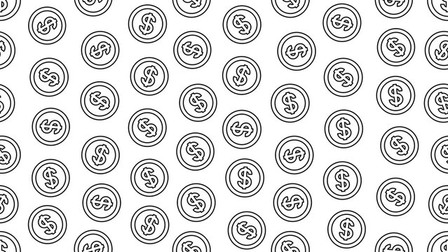 Minimal seamless pattern featuring stroke-outline coin icons with dollar symbols on a transparent background for dollar coin, dollars, cash money, and business concepts. Financial pattern background.