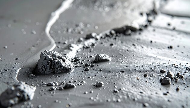 Extreme close-up of wet concrete texture with scattered aggregates and a water ripple