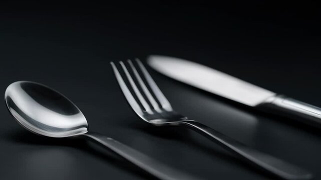 Silver cutlery set with spoon fork and knife on black background