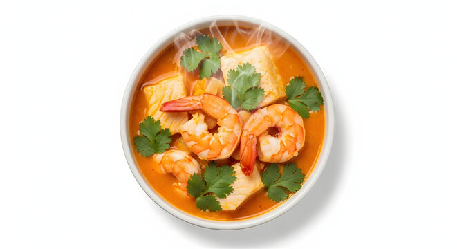 Delicious Brazilian moqueca seafood and coconut milk stew with shrimp isolated on a white background