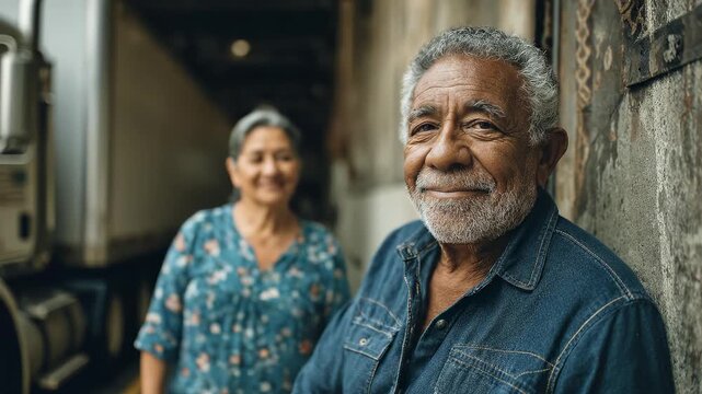 Portrait of a senior Afro-American man. Truck driver resting near his truck. His wife is blurred in the backgro
