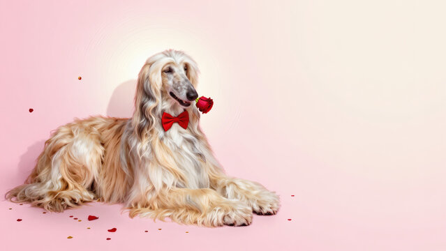 Portrait nonchalant d'un l&eacute;vrier blond s&eacute;duisant qui tient une rose rouge pour la saint valentin. Large espace de texte vide, Illustration 