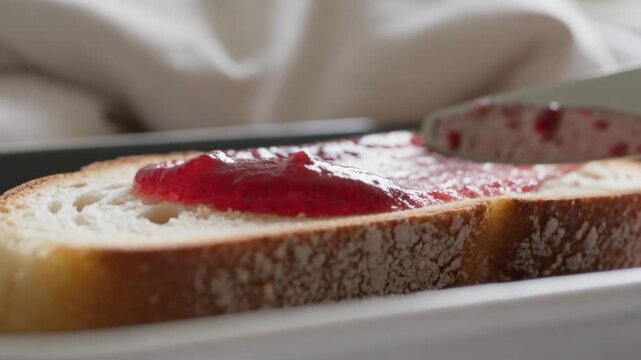 Spreading Red Fruit Jam on Sourdough Bread with a Knife