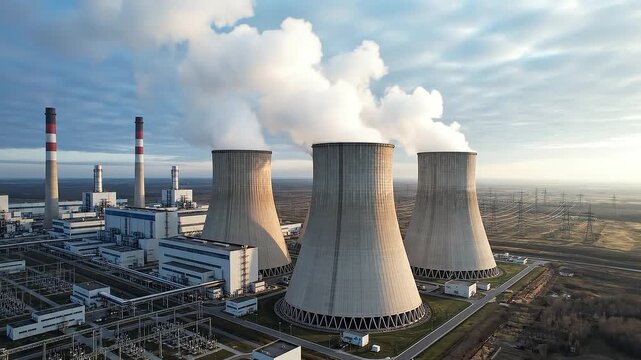 Aerial video footage of a nuclear power plant with large cooling towers releasing steam, showing industrial energy infrastructure and electricity production.
