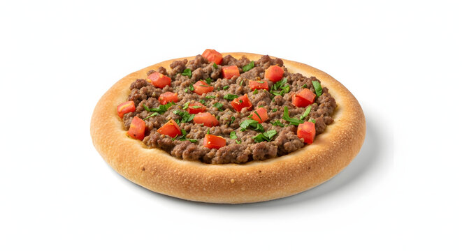 Baked open-faced Brazilian esfiha pastry topped with seasoned ground beef isolated on a pure white background