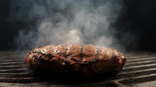Grilled beef steak with smoke on a barbecue grate