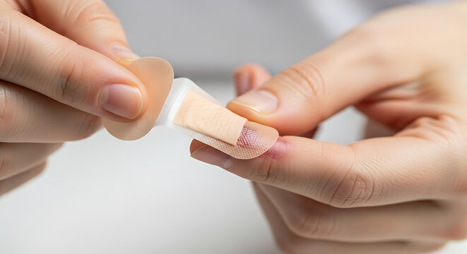 Close-up of Hands Applying a Bandage to a Finger.