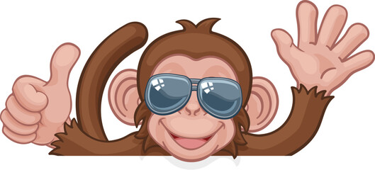 A monkey cool cartoon character animal wearing sunglasses peeking over a sign waving and giving a thumbs up. © Christos Georghiou