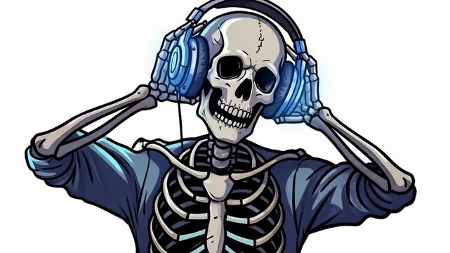Cartoon style skeleton wearing blue headphones and blue jacket on white background