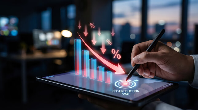 Business person using digital tablet with holographic graph showing cost reduction and financial success