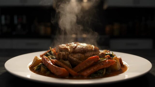 Roasted chicken with carrots and potatoes on a white plate