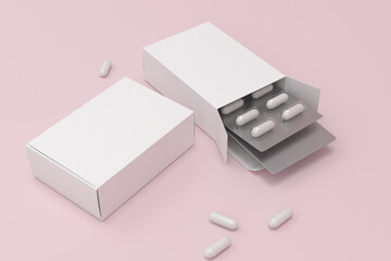 Obraz premium Medicine blister in paper box packs with white pills mockup 3d rendering 