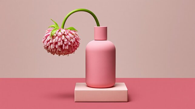 Pink ceramic vase with a drooping flower arrangement featuring a pink bloom and green stem, placed on a light pink pedestal against a soft pink background
