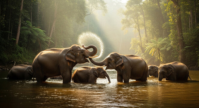 Elephants, family, playing, river, jungle, wildlife, nature, serene, peaceful, animals