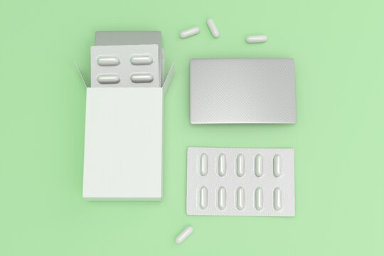 Medicine blister in paper box packs with white pills mockup 3d rendering