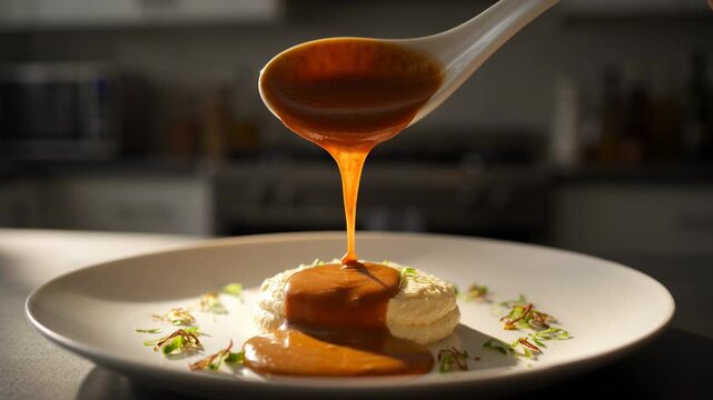 Brown sauce being poured from a spoon onto a plated dish