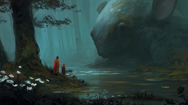 Two figures in red cloaks stand by a misty forest pond, facing a giant, serene mouse in a mystical, atmospheric woodland setting.